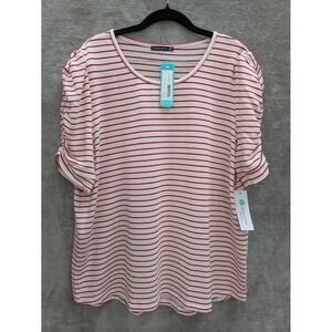 Strawberry Girl Striped Top Womens 1X Red Striped Ruched Sleeves Minimalist